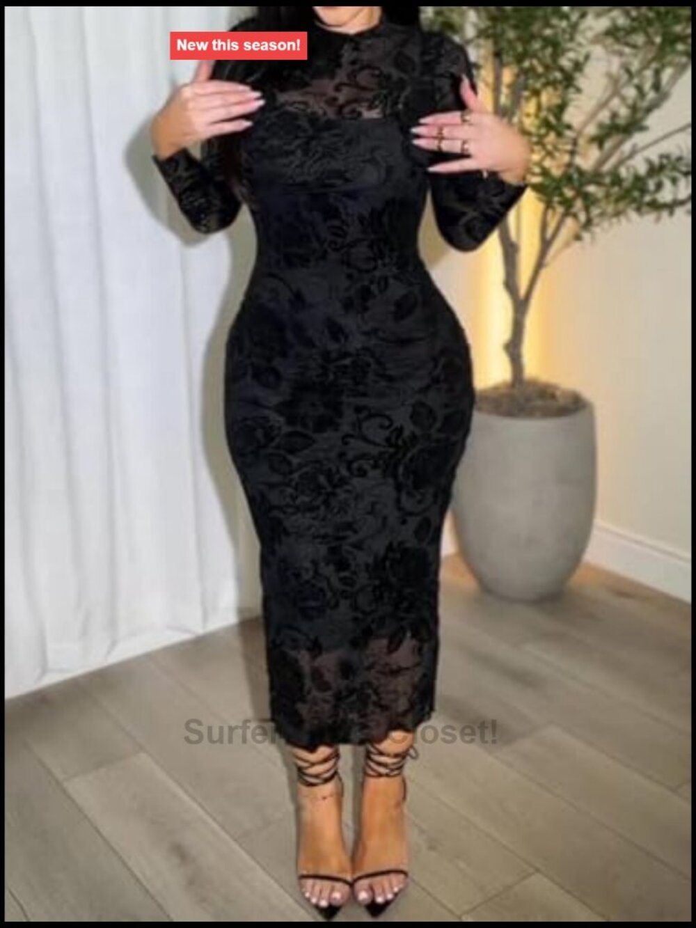 Sexy Sheer Mesh Bodycon Midi Dress 2 Piece Set Long Sleeve Date Night - Picture 2 of 7